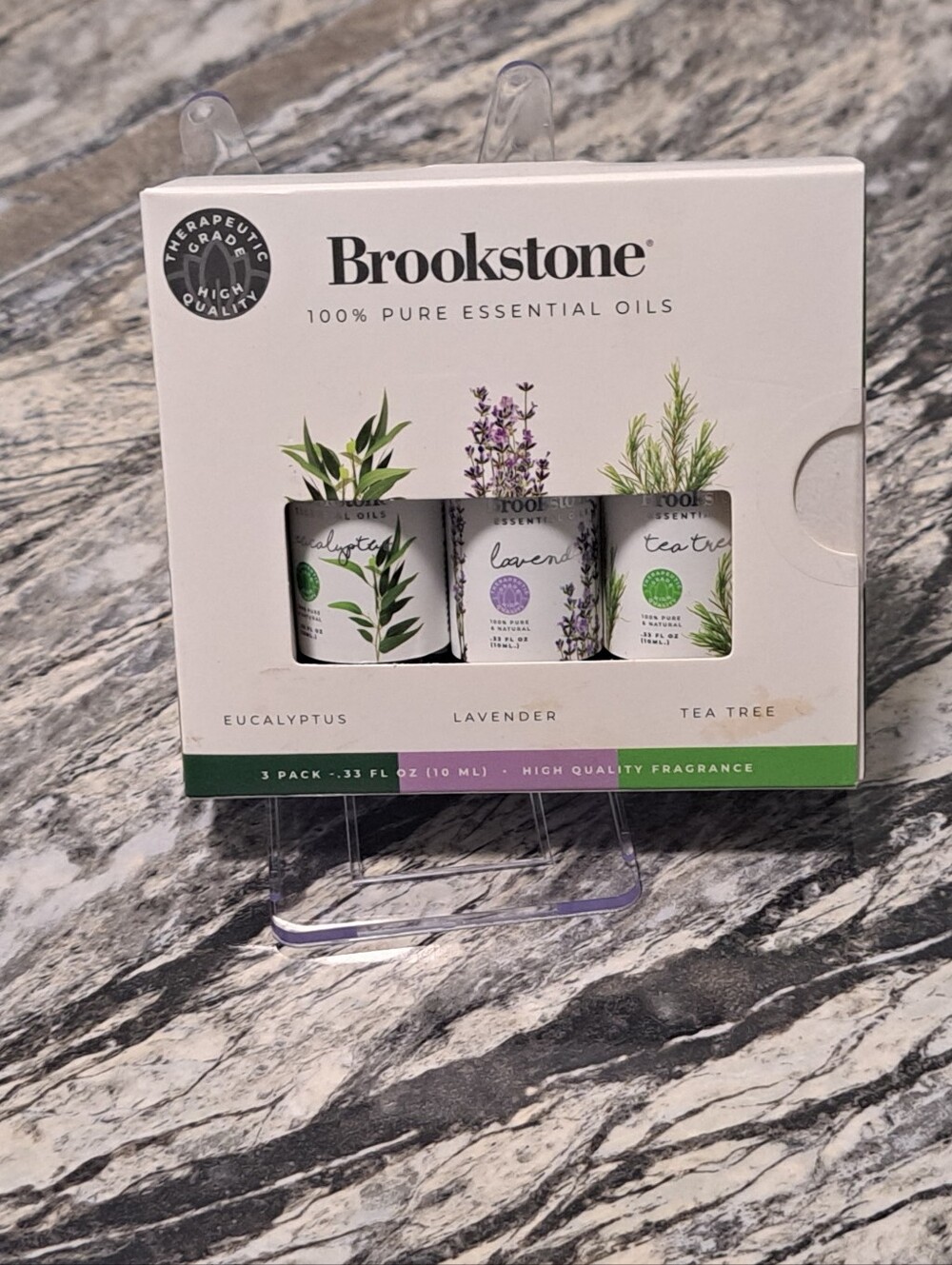Brookstone essential. oil 3-pack features eucalyptus, lavender, and tea Tree